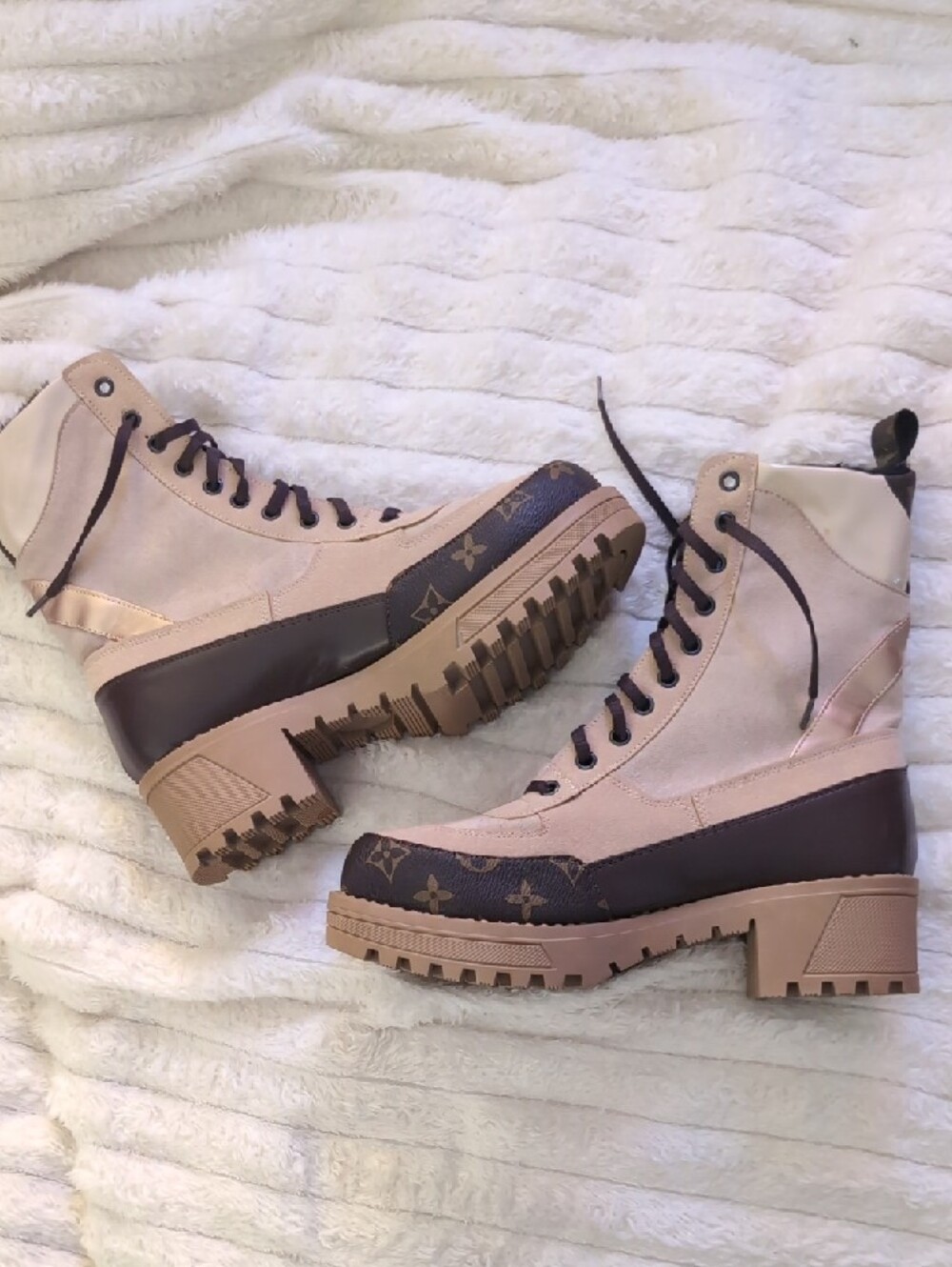 Beige and Brown Lace-Up Combat Boots with Monogram Accent - Picture 2 of 5